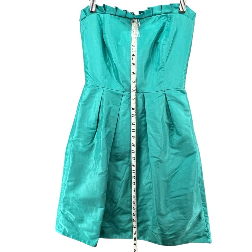 J Crew Audrey Dress Women 2 Green‎ Aqua Silk Tafetta Strapless Ruffle Cocktail - Picture 9 of 15